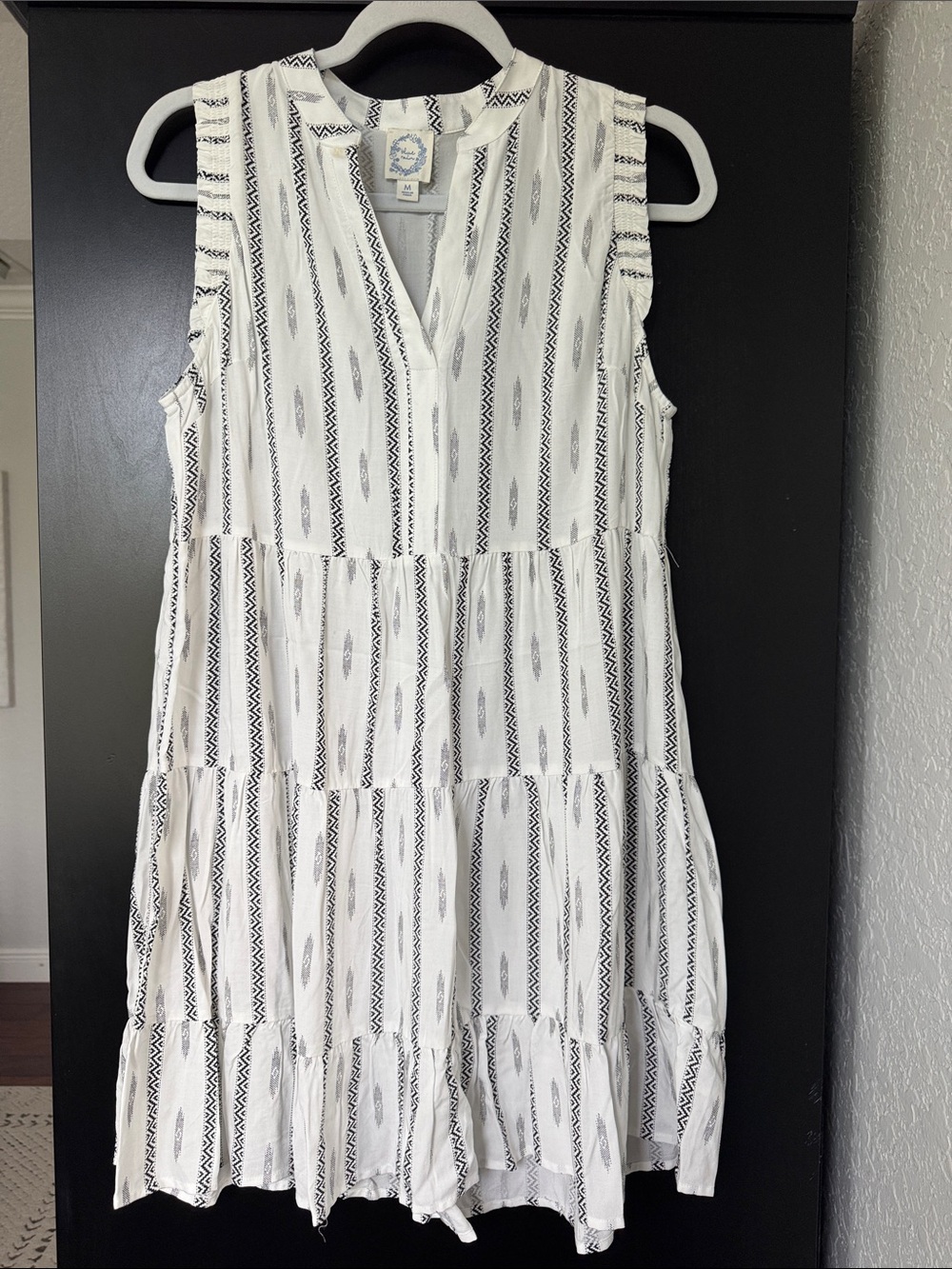 Blue Rain White Sleeveless Tiered Dress with Black Stripe Print